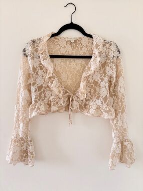 Beige Lace Tie-Front Crop Cardigan